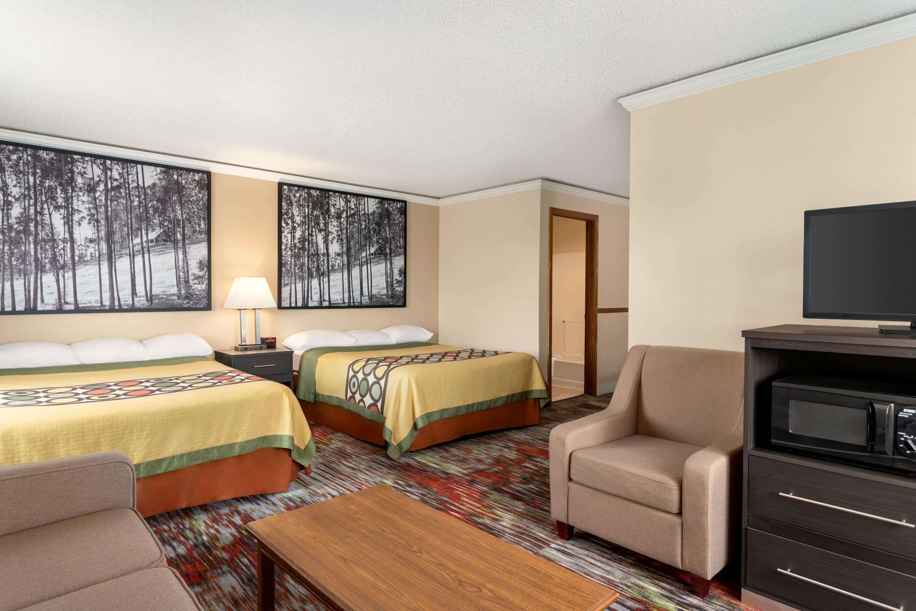 Una habitación de hotel con dos camas, televisor, escritorio y una silla.