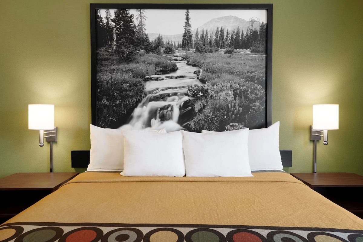 Une chambre d’hôtel avec un lit, deux lampes de chevet et une grande photographie en noir et blanc représentant une rivière et une forêt, accrochée au mur.