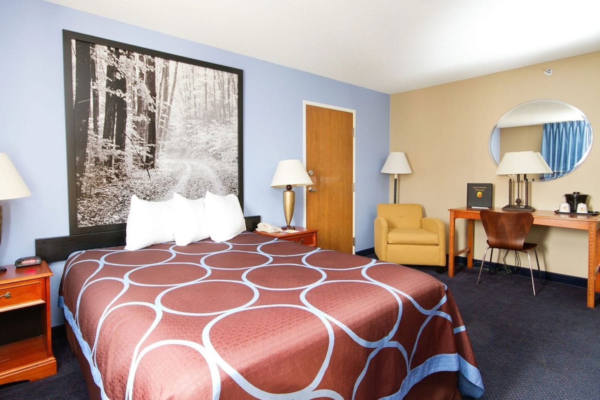 A hotel room with a bed, a desk, a chair, a desk lamp, a telephone, a mirror, and a large framed picture on the wall.