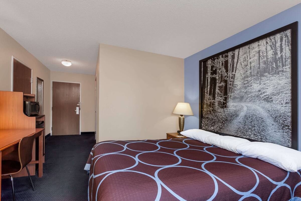 A hotel room with a large bed, a desk with a chair, a television, and a painting of a snowy forest path on the wall.
