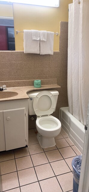 Combined shower/tub, free toiletries, towels, soap