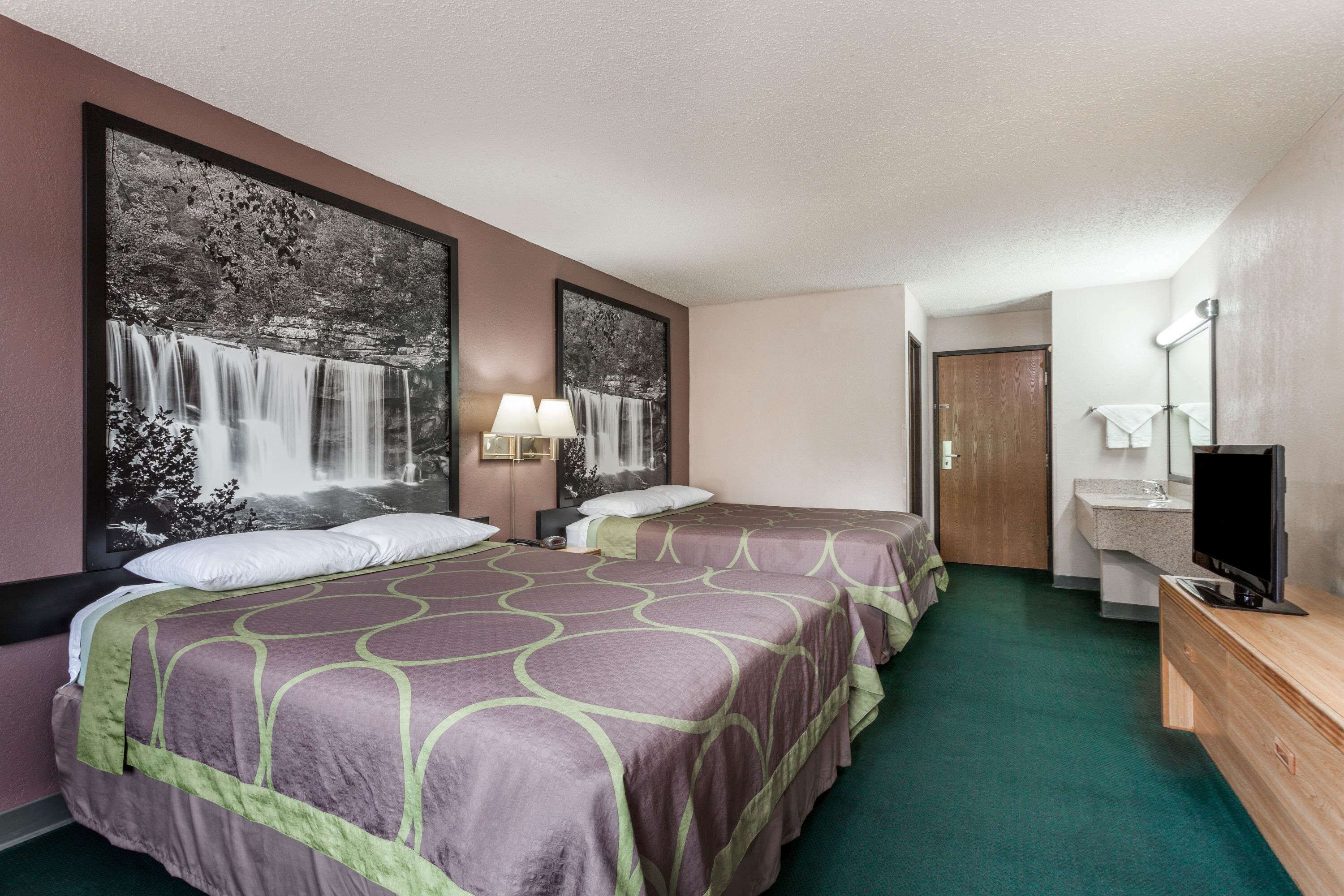 Une chambre d’hôtel avec deux lits, un grand tableau représentant une cascade, une télévision et une salle de bain avec un lavabo et un miroir.