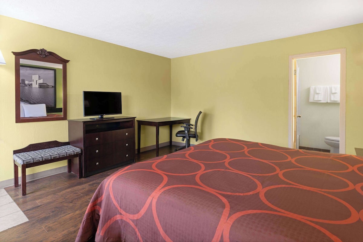A hotel room with a bed, a desk, a television, a chair, a bench, a dresser, and a mirror.