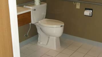 A small bathroom with a toilet, a wooden cabinet, and a handrail on the wall.