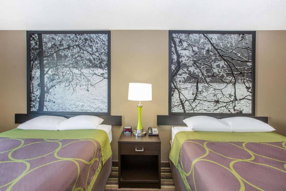 Une chambre d’hôtel avec deux lits, une table de chevet avec une lampe et deux grandes images encadrées représentant des arbres.