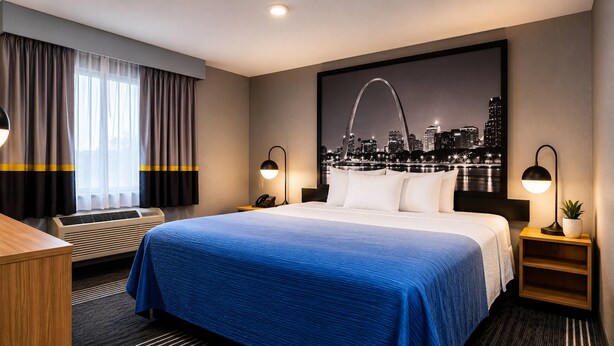 A hotel room with a large bed, a desk, a chair, a nightstand with a lamp, an air conditioner, and a cityscape view. - Super 8 by Wyndham Warrenton (Warrenton)