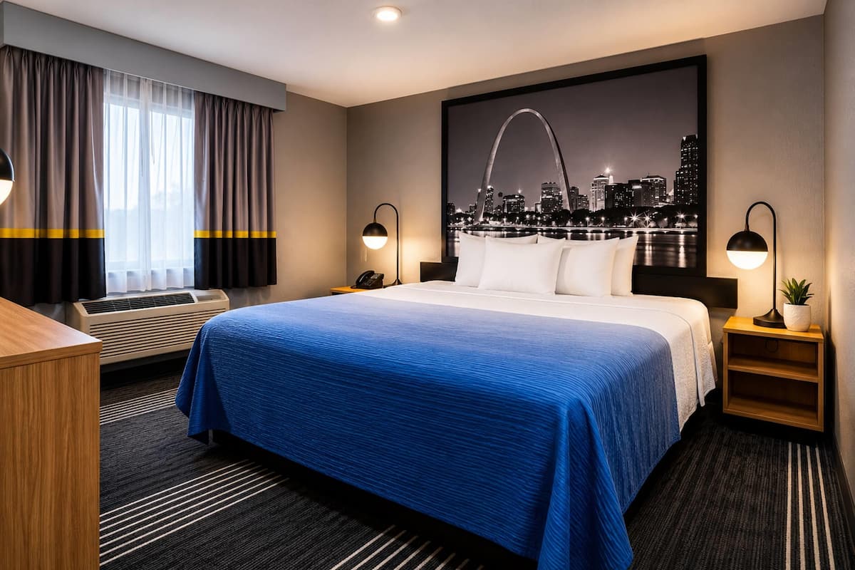 Habitación de hotel con una cama grande, un escritorio, una silla, una mesita de noche con lámpara, aire acondicionado y vistas a la ciudad.