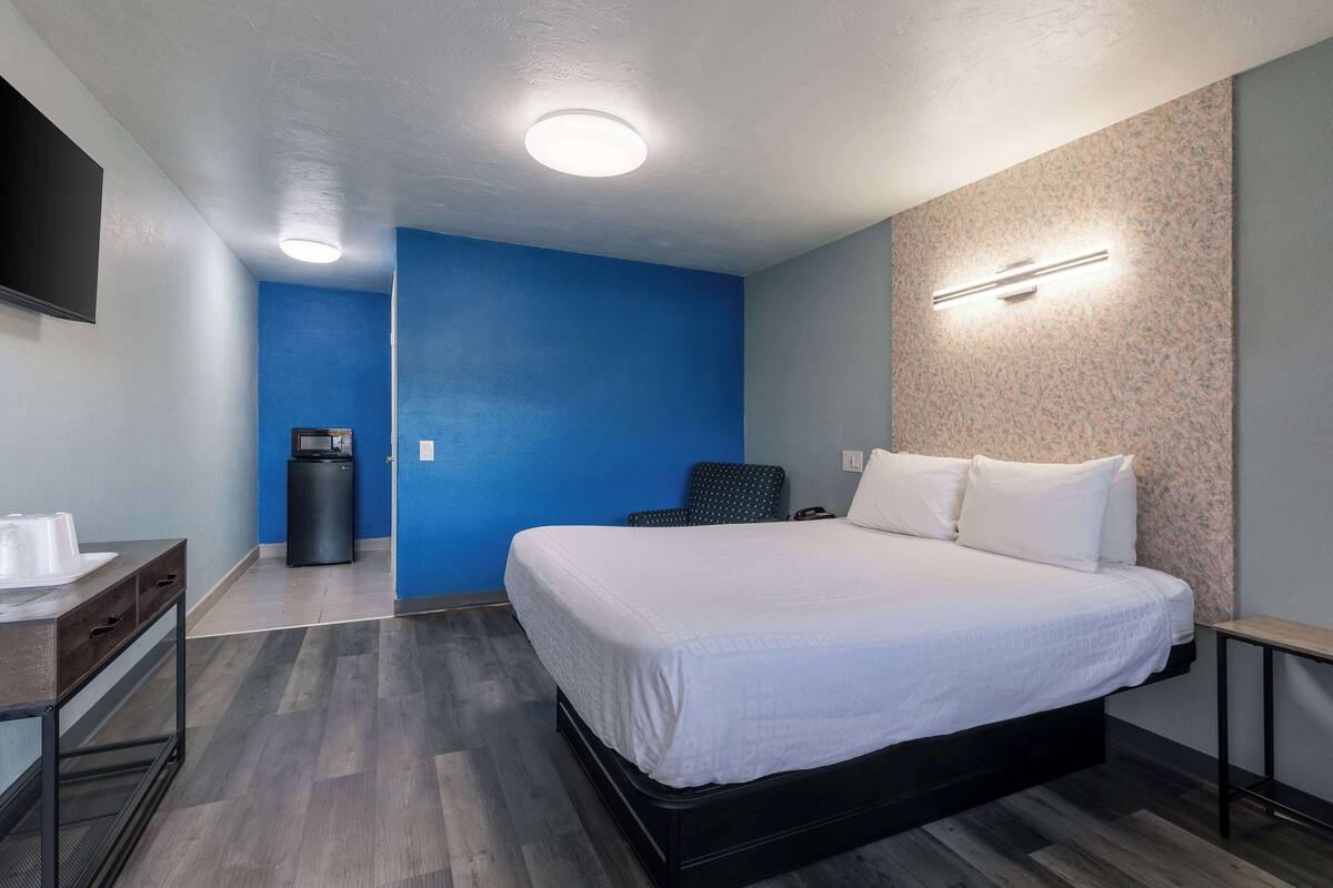 A hotel room with a large bed, a desk with a chair, a trash bin, and a wall-mounted TV.