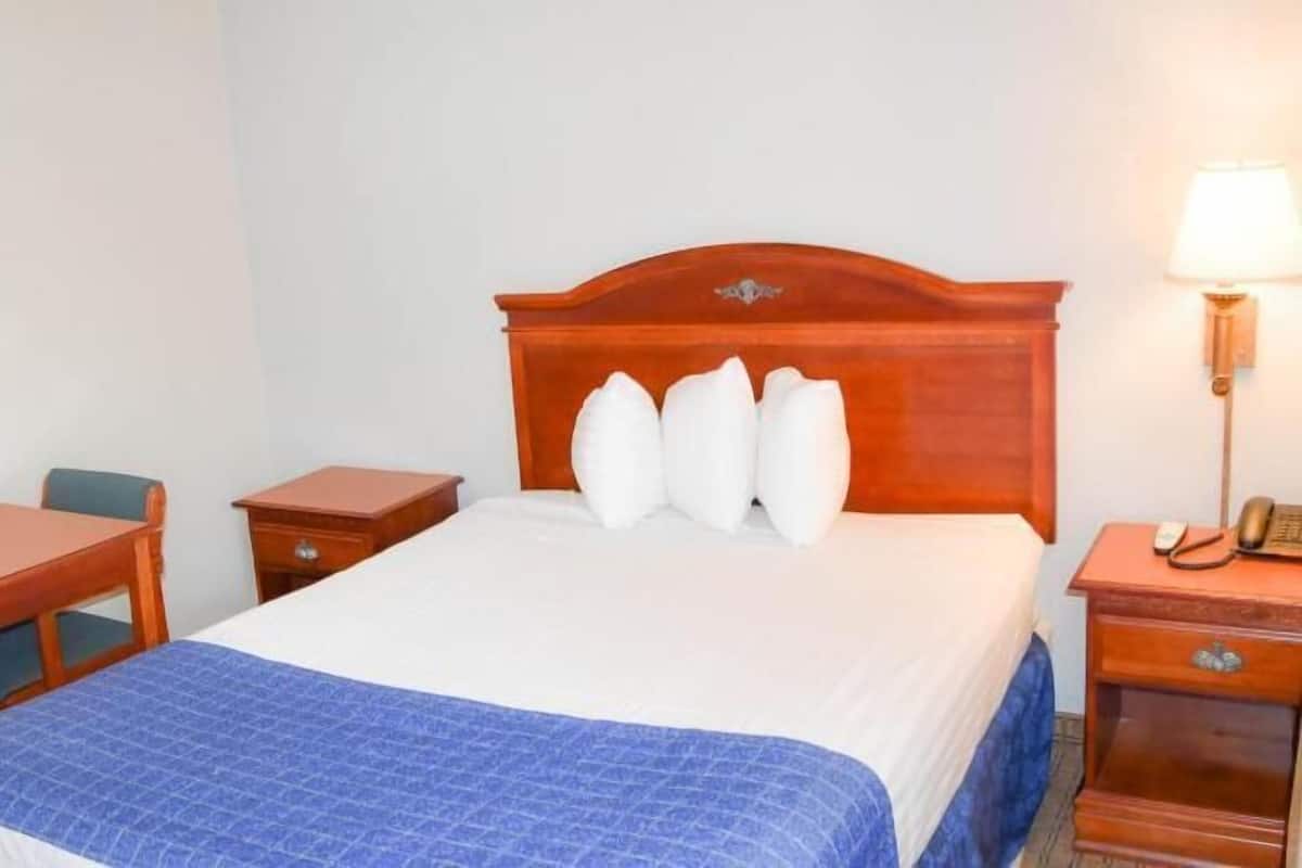 A hotel room with a bed, a desk, two chairs, a nightstand with a lamp, and a phone.