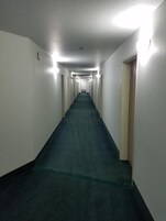 Un pasillo largo y estrecho con pisos alfombrados y paredes blancas, flanqueado por puertas a ambos lados.