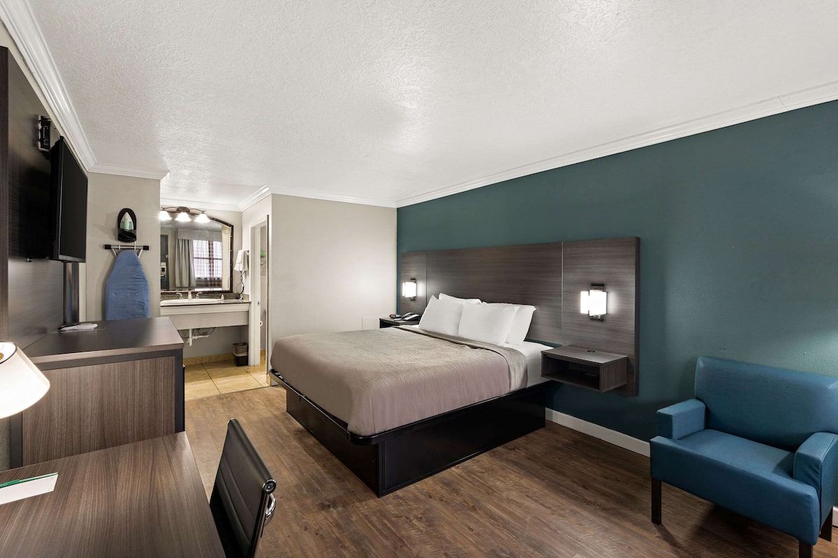 Een hotelkamer met een bed, nachtkastjes, een bureau, een stoel, een televisie en een spiegel.