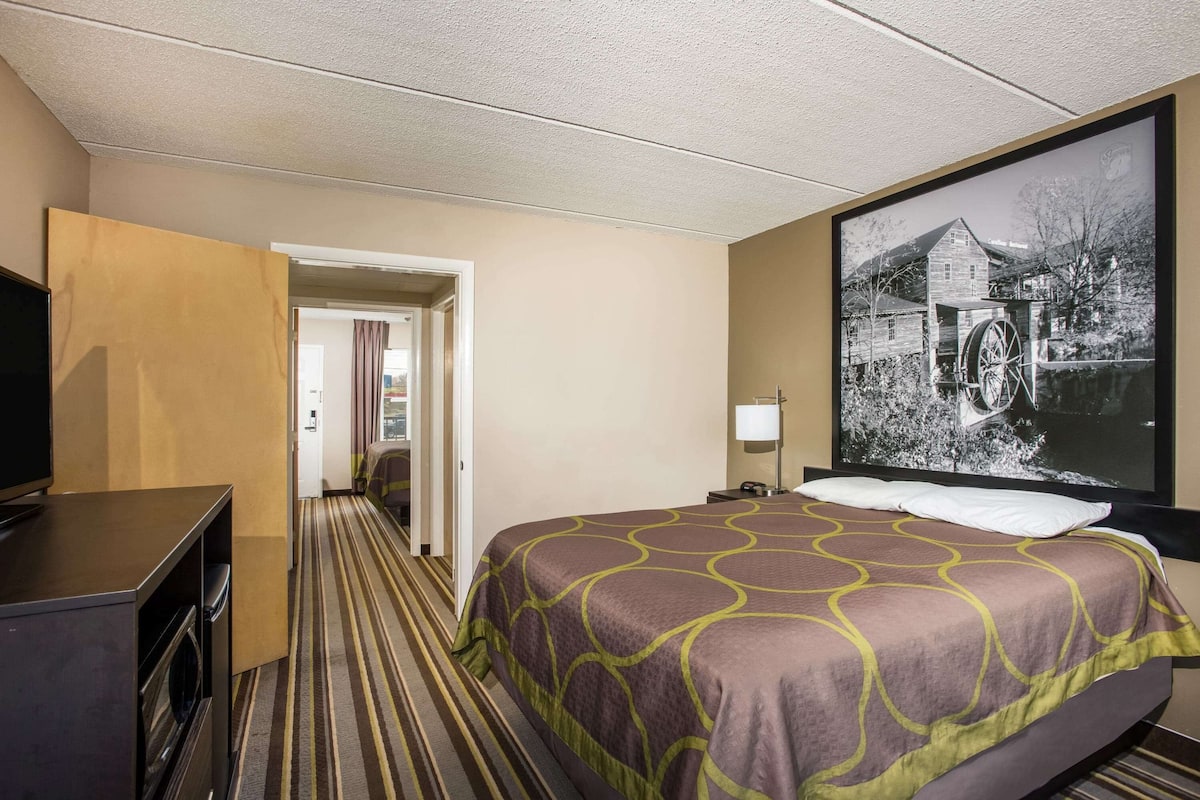 A hotel room with a bed, a television, a desk, and a large framed picture on the wall.