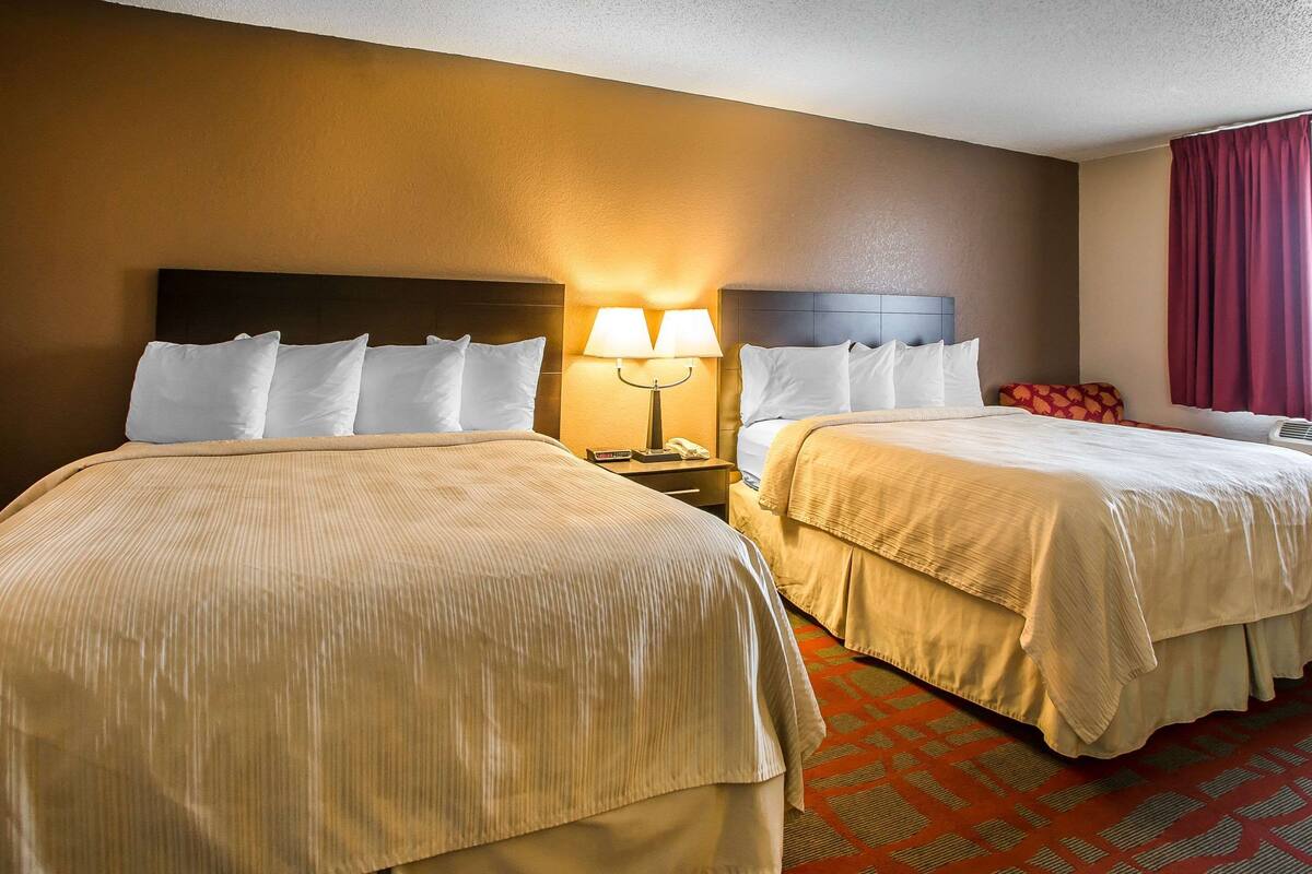 A hotel room with two beds, a nightstand with a lamp, and a patterned carpet.
