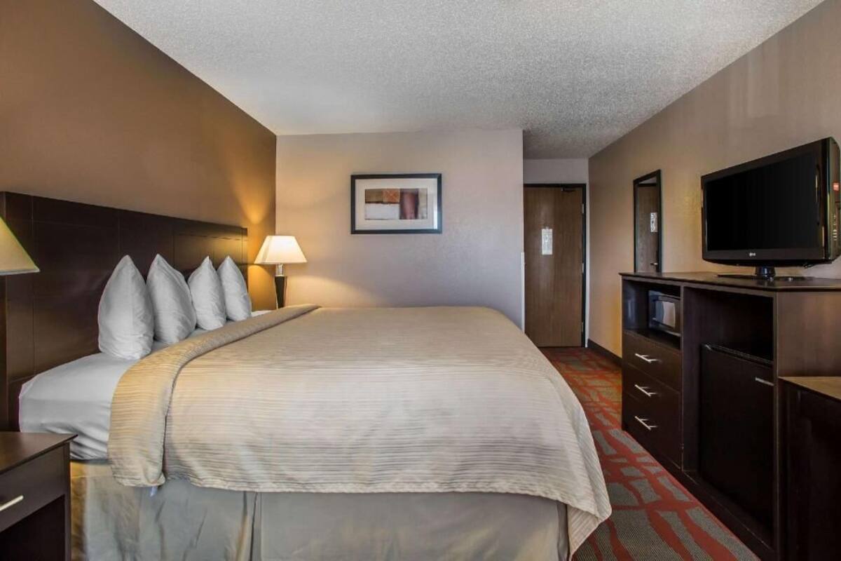 A hotel room with a bed, a TV, a desk, and a dresser.