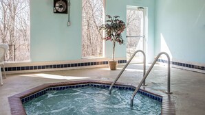 Una piscina interior con borde de azulejos, una escalera metálica y una planta en maceta.