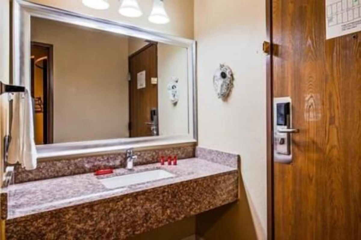 A bathroom with a marble sink, a large mirror, and a wooden door.