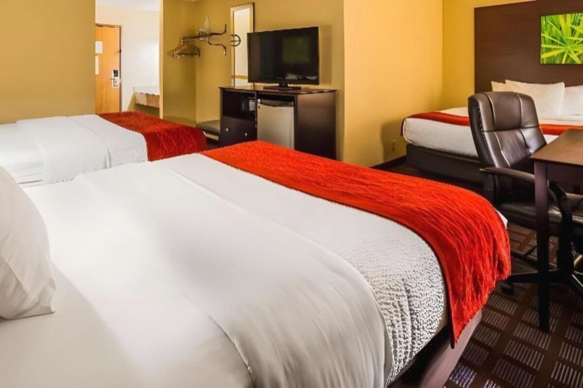 Une chambre d’hôtel avec deux lits, un bureau, une chaise, une télévision et une lampe.