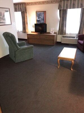 2 bedrooms, desk, blackout drapes, iron/ironing board