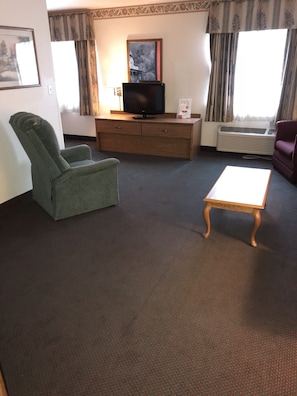 2 bedrooms, desk, blackout drapes, iron/ironing board