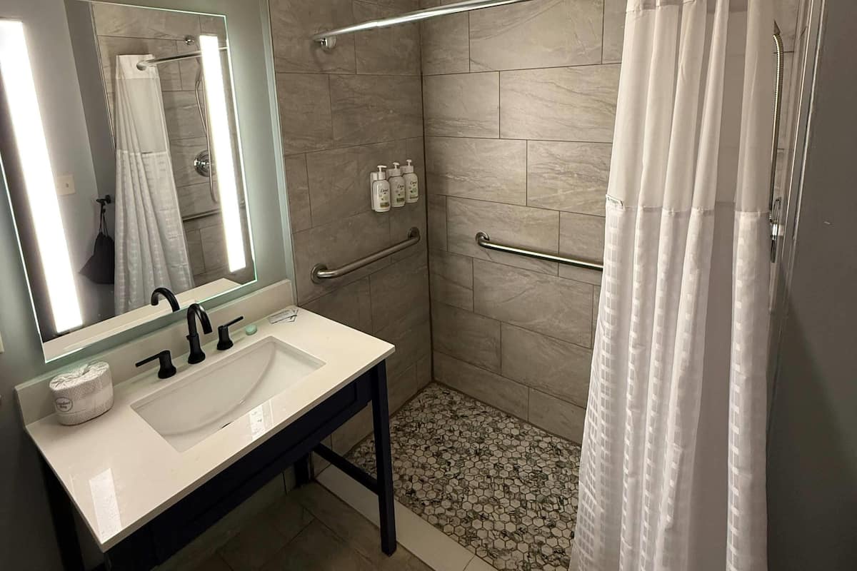 Combined shower/bathtub, free toiletries, hair dryer, towels