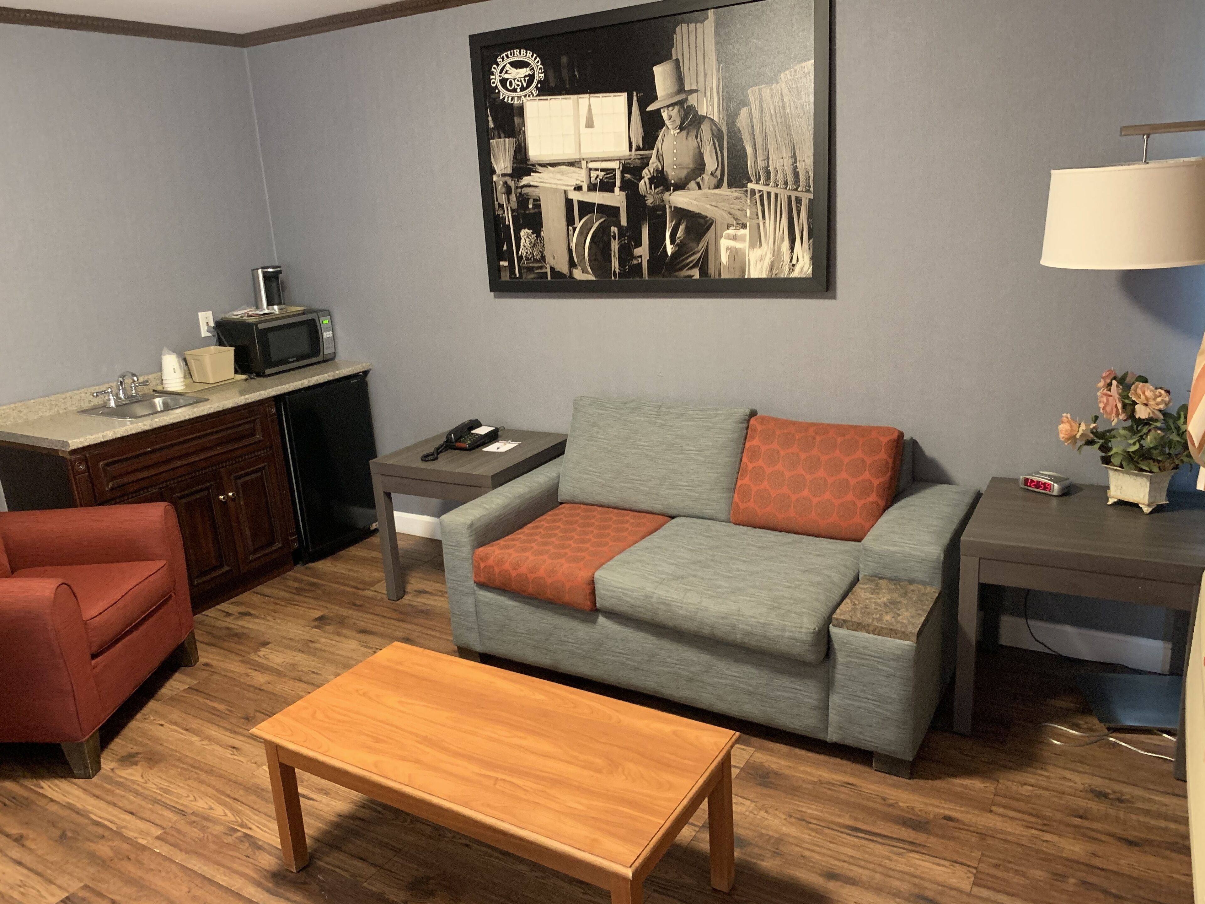 Una sala de estar con un sofá gris, una mesa de centro de madera, una zona de cocina con microondas y un cuadro en la pared.