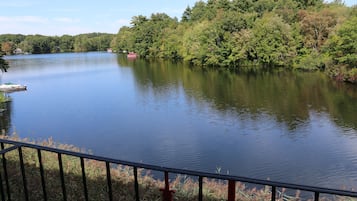 Un lago tranquilo con un embarcadero y un bote, rodeado de árboles frondosos.