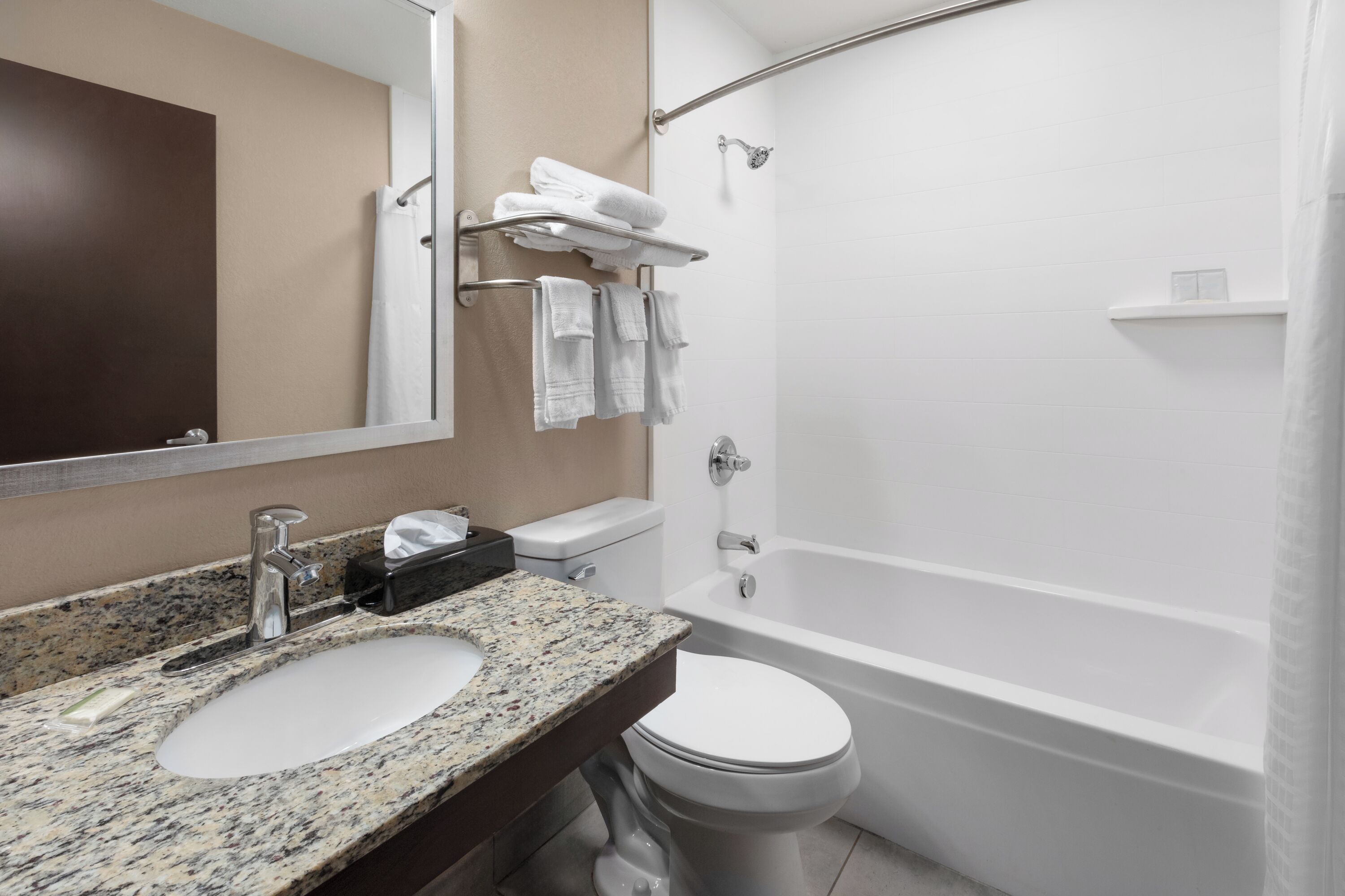Combined shower/bathtub, free toiletries, hair dryer, towels