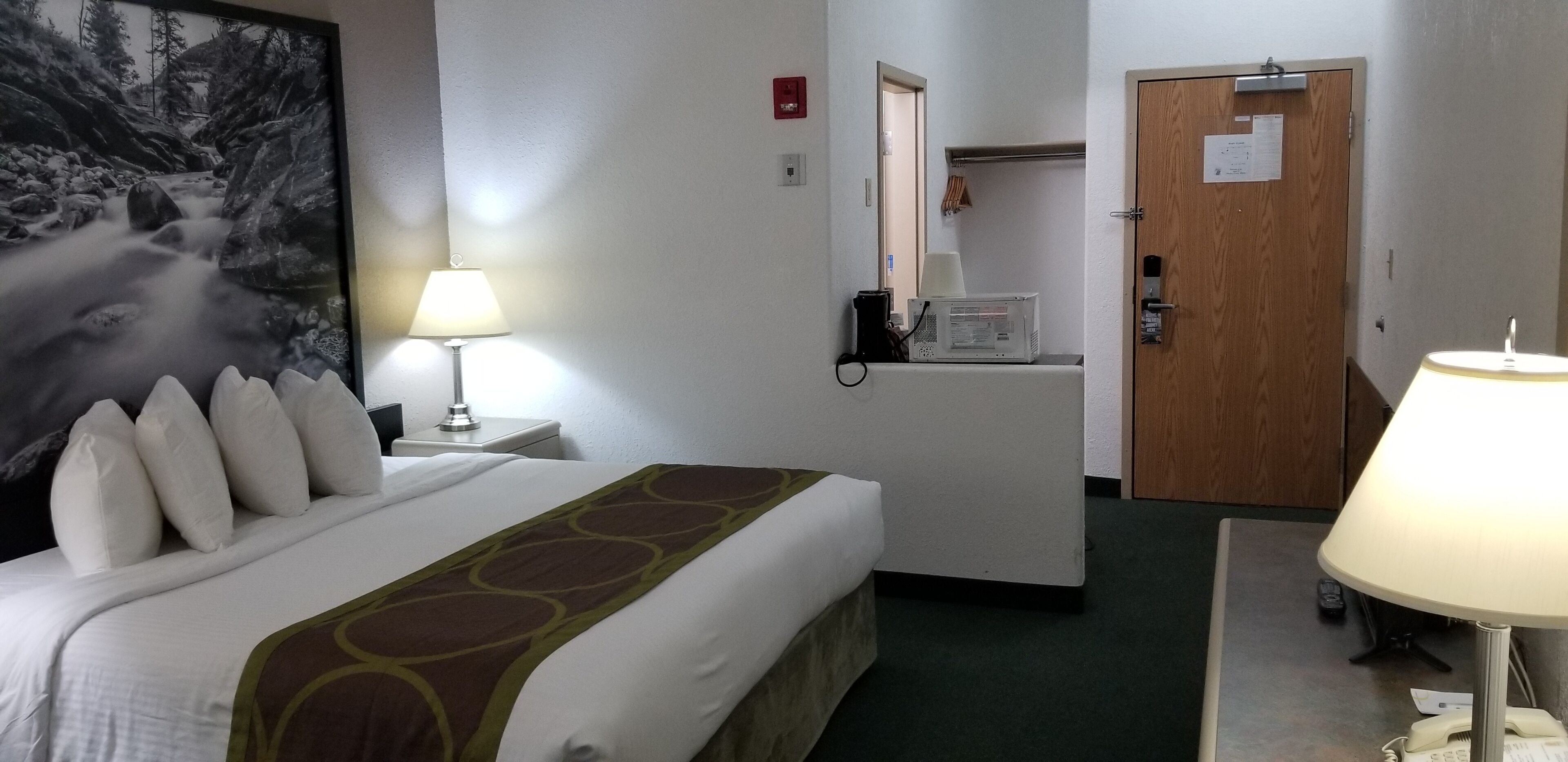 Una habitación de hotel con una cama, un escritorio, una lámpara, un microondas y una puerta.