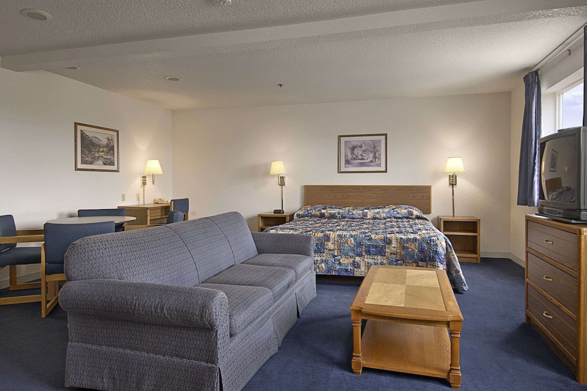 Ein Hotelzimmer mit einem Bett, einem Sofa, einem Holztisch, einem Fernseher und zwei Lampen.