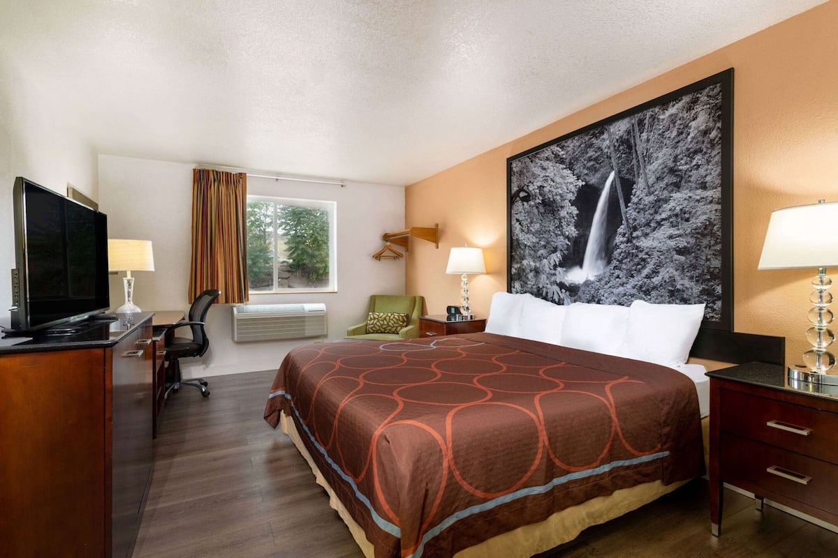 Ein Hotelzimmer mit Bett, Schreibtisch mit Fernseher, Stuhl, Fenster mit Vorhängen und einem Wandbild.