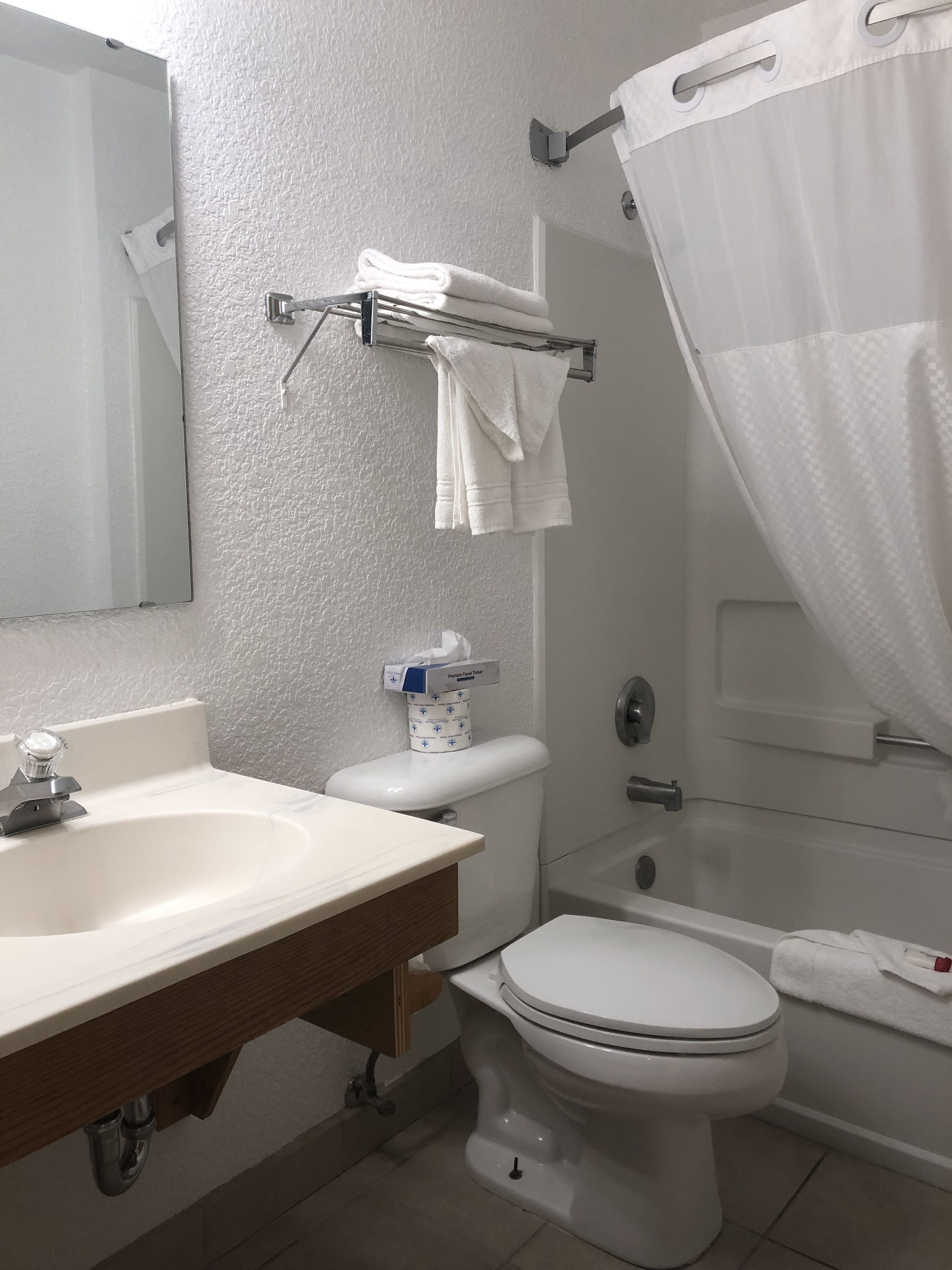 A bathroom with a sink, toilet, and shower area.