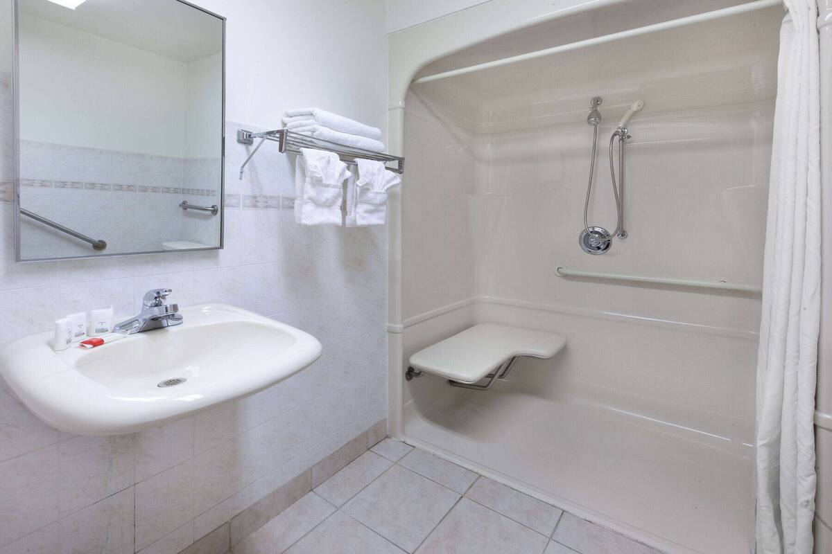 Une salle de bain avec un lavabo, un miroir et une douche.