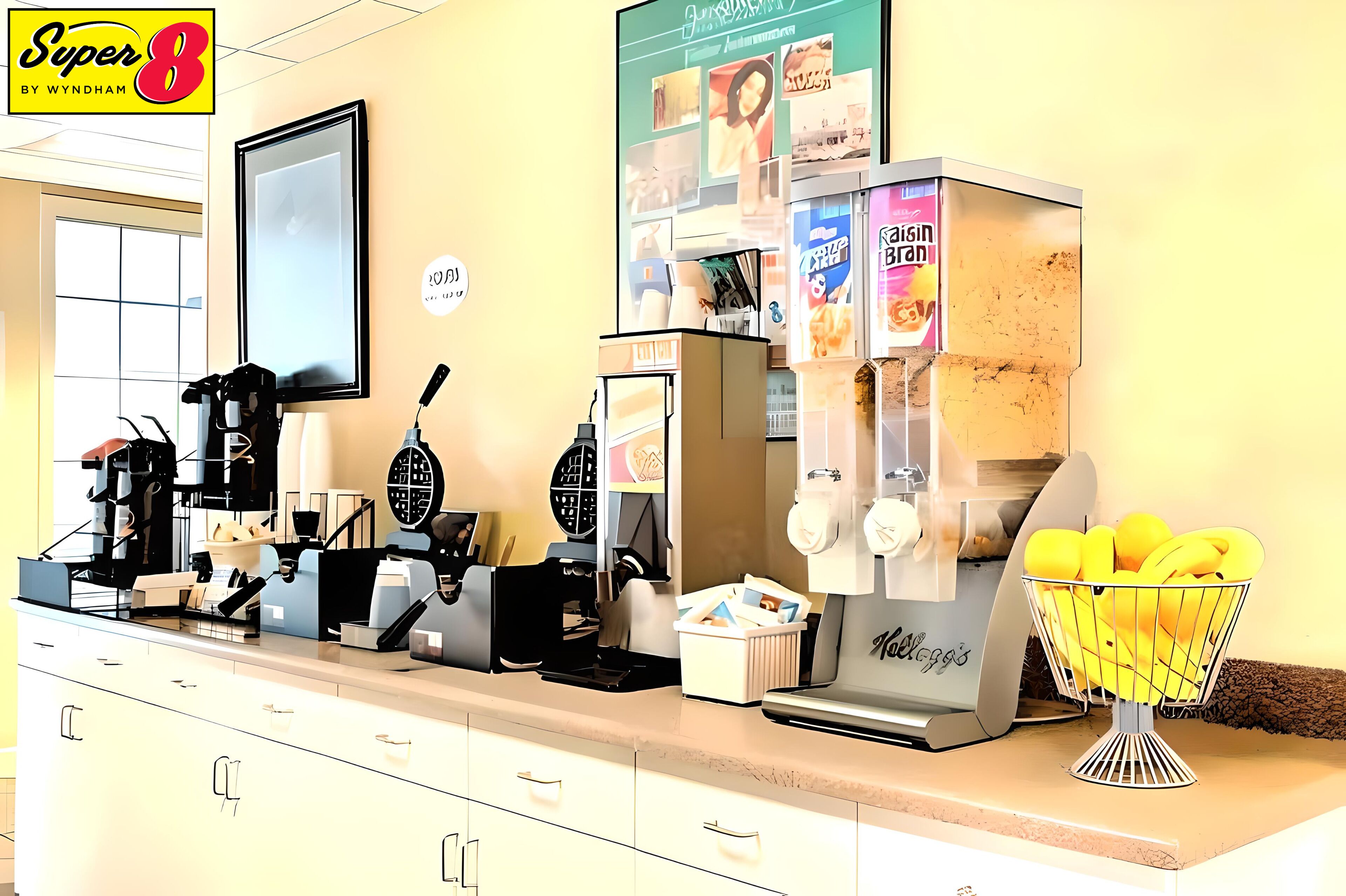 Un espace dédié au café, équipé de plusieurs machines à café, un panier de bananes et un réfrigérateur contenant divers produits.