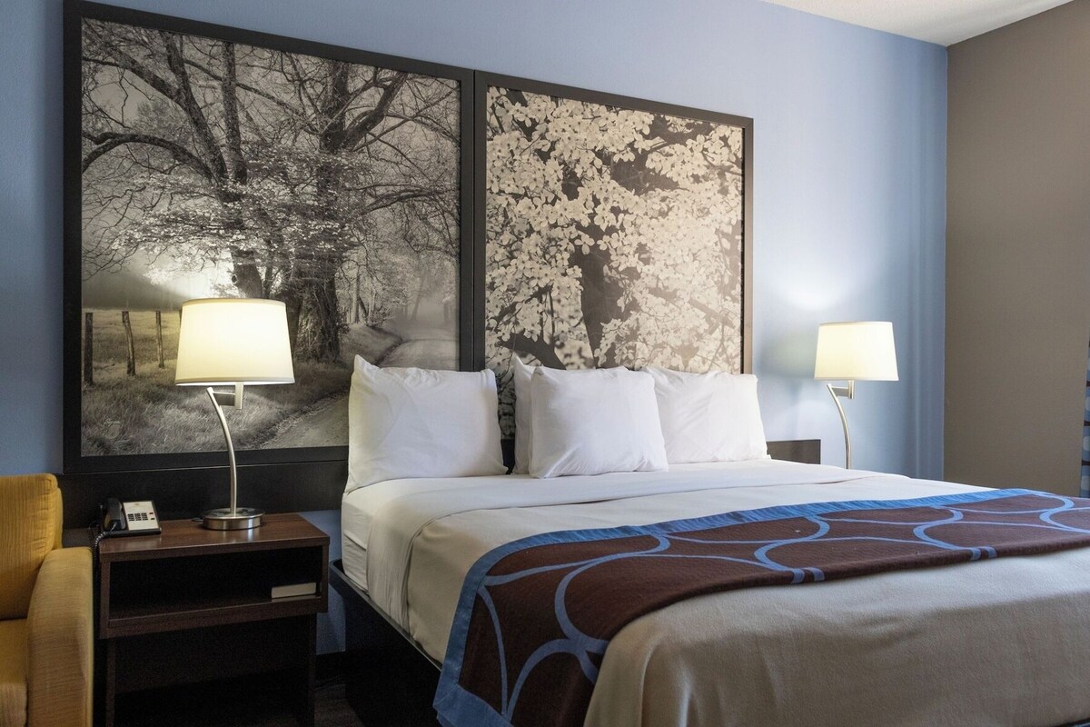 Habitación de hotel con cama, dos lámparas de noche, una mesita de noche y un cuadro grande en la pared.