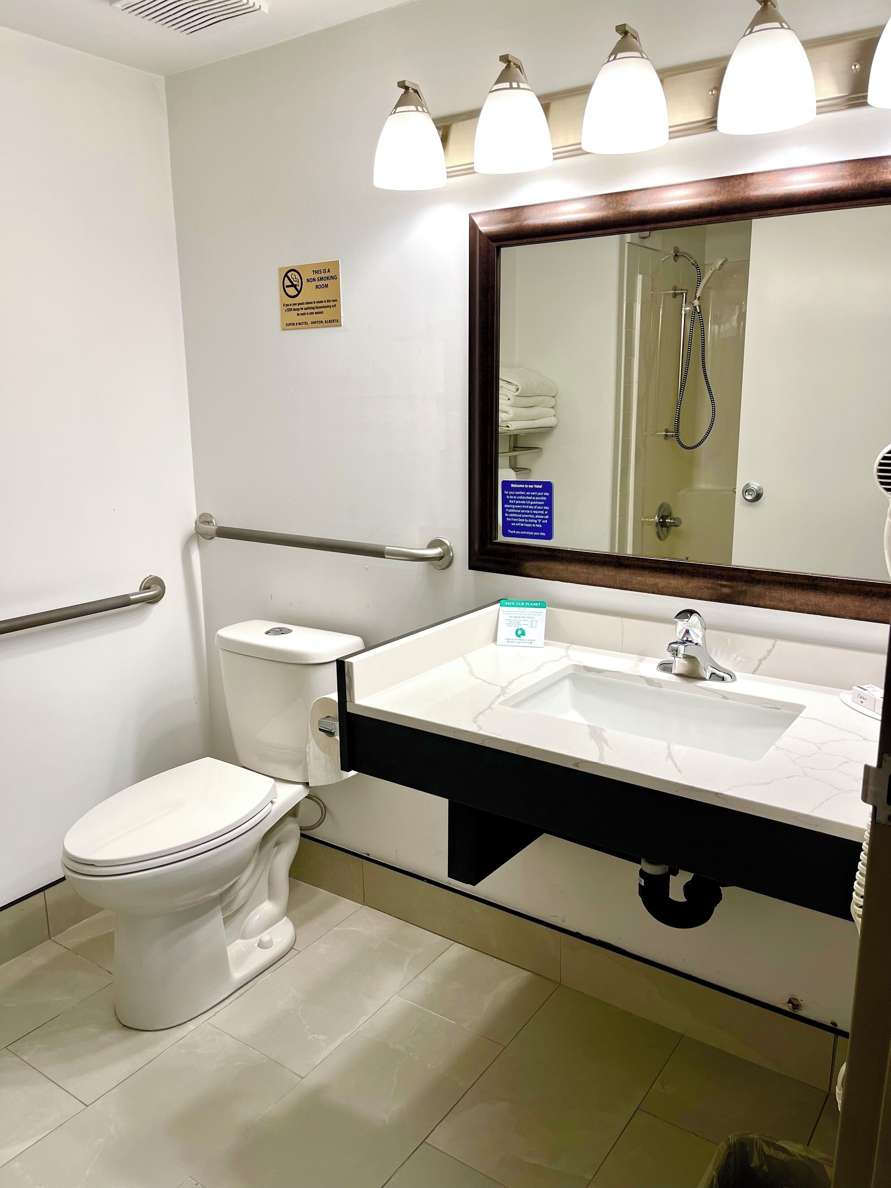 Une salle de bain avec des toilettes blanches, un lavabo doté d’un plan de travail en marbre et un miroir au-dessus du lavabo. Une barre d’appui se trouve sur le côté gauche et un panneau est fixé au mur.