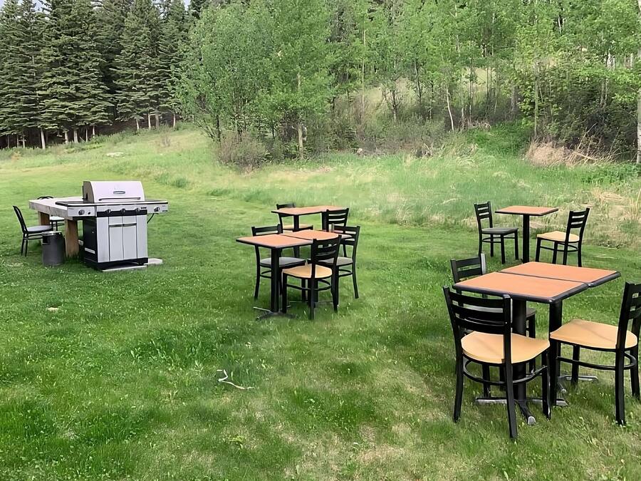 Un espace extérieur aménagé pour les repas, avec un barbecue, des tables et des chaises.