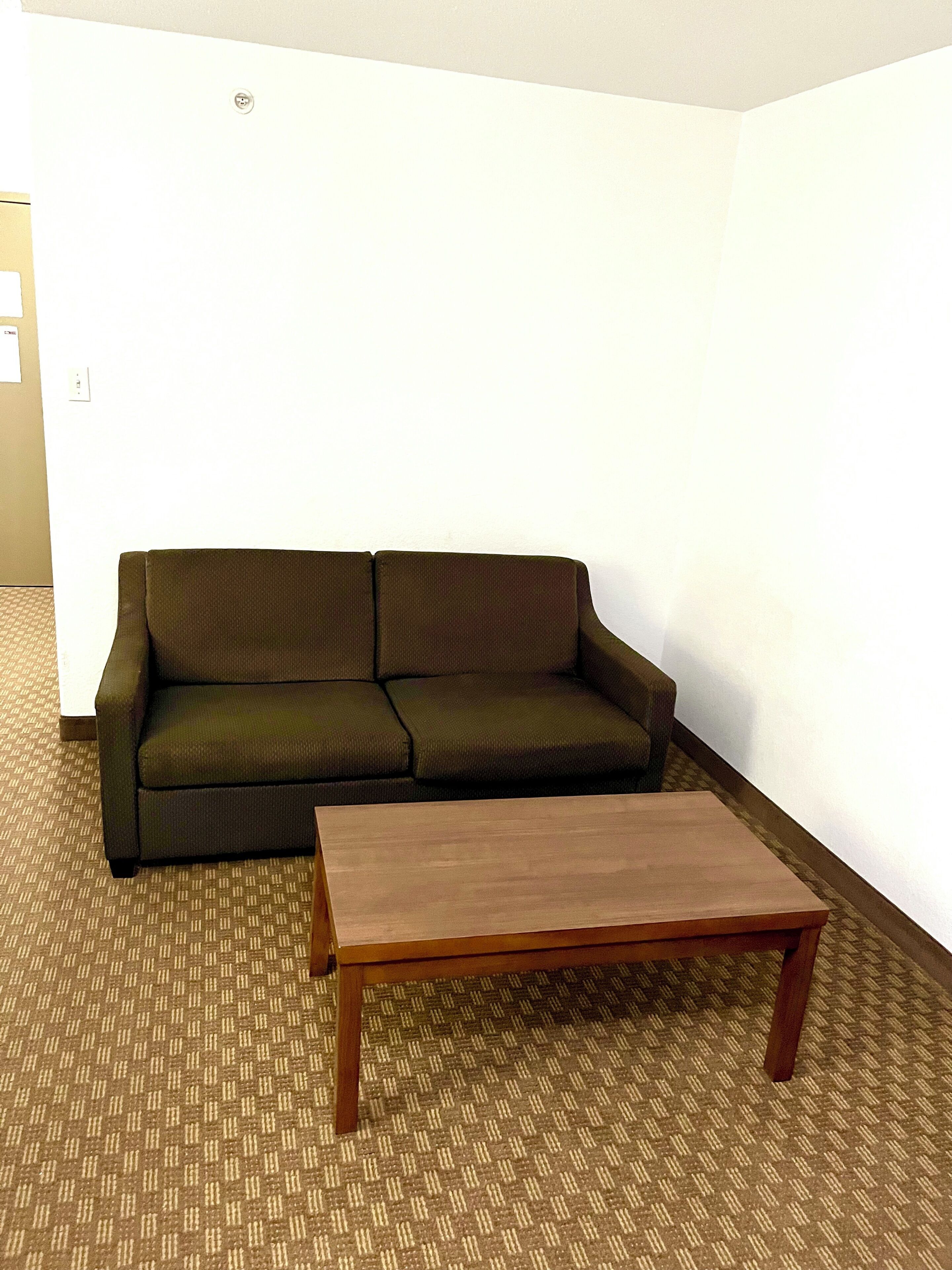 A room with a brown patterned carpet, a dark green sofa, and a wooden coffee table.