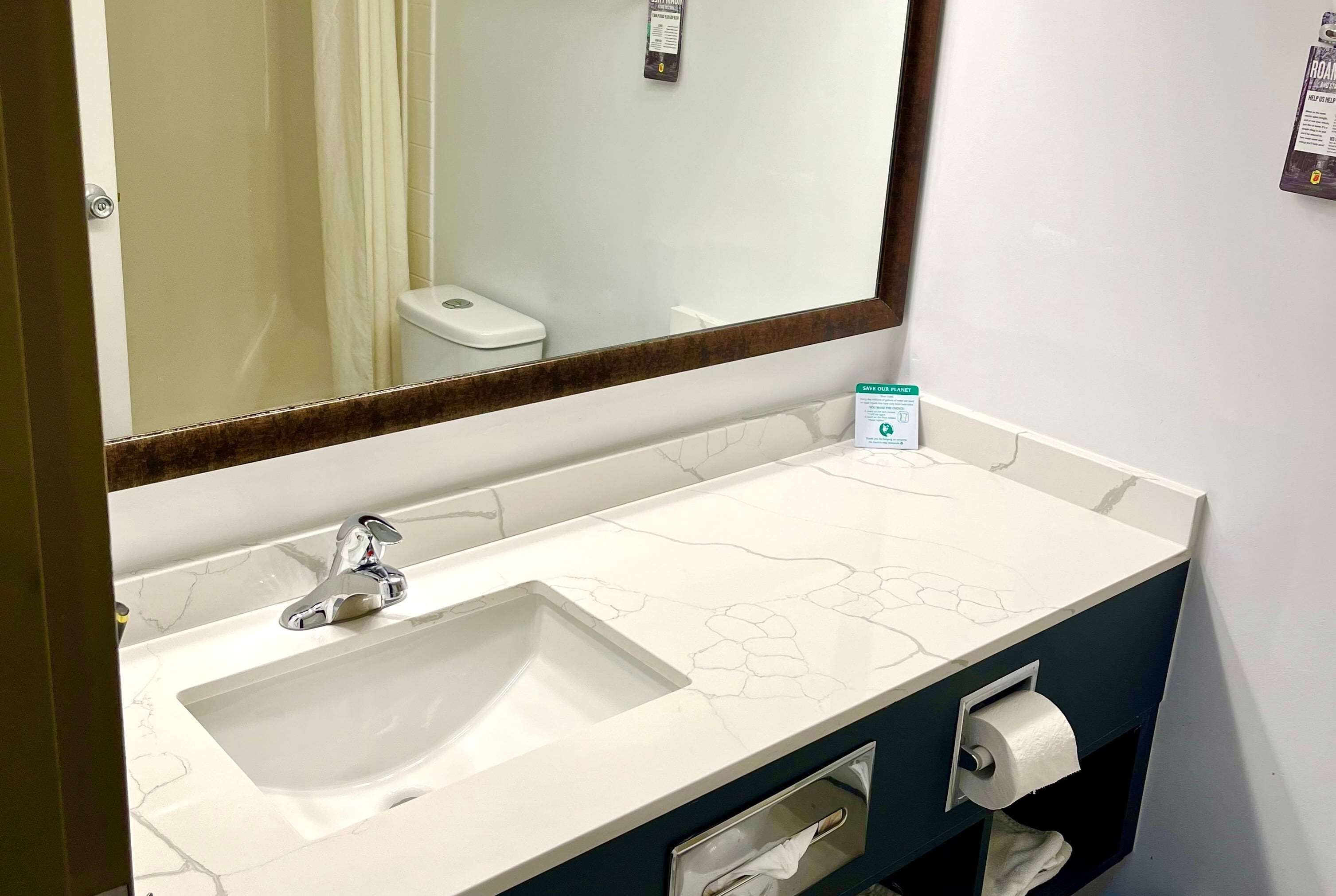 A bathroom with a white sink, a mirror, and a toilet.