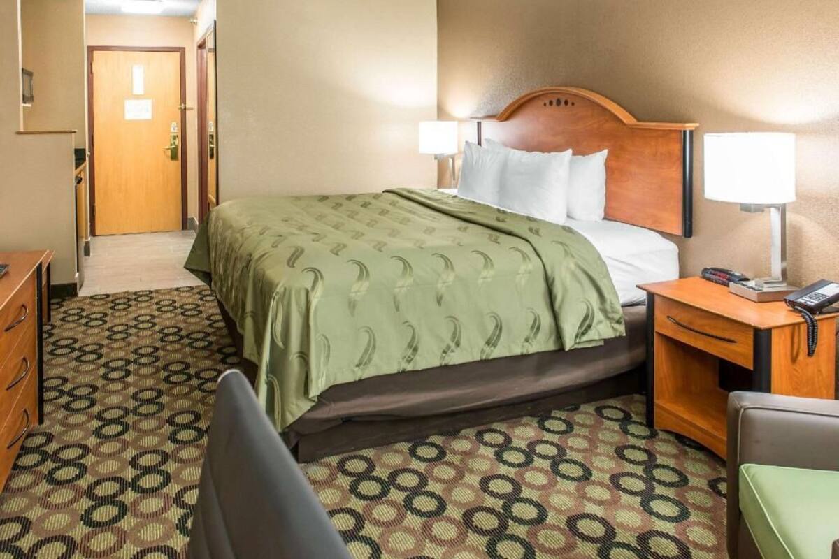 A hotel room with a bed, bedside table, lamp, chair, and a patterned carpet.