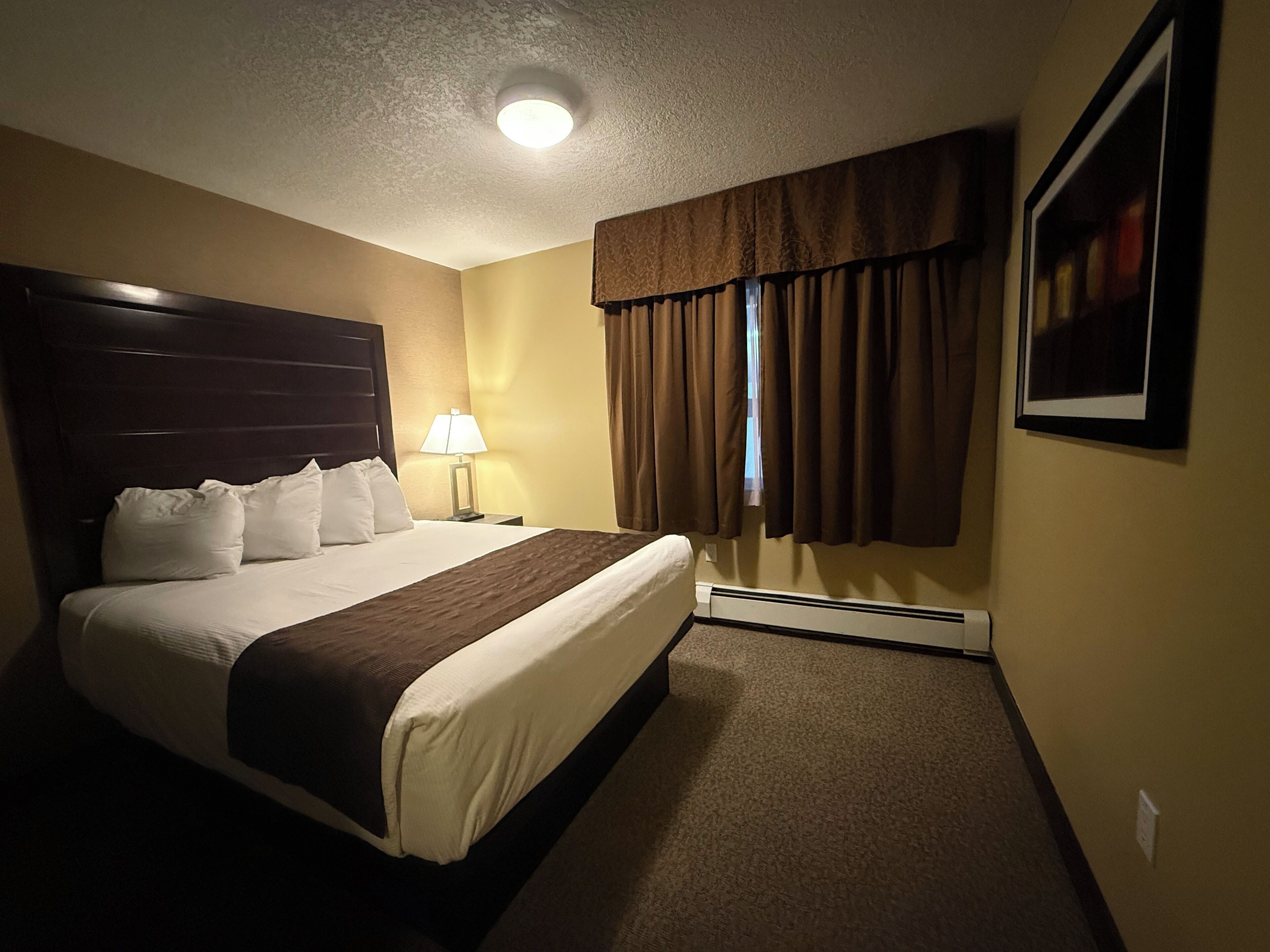 A hotel room with a large bed, a nightstand, a lamp, a window with curtains, and a framed picture on the wall.