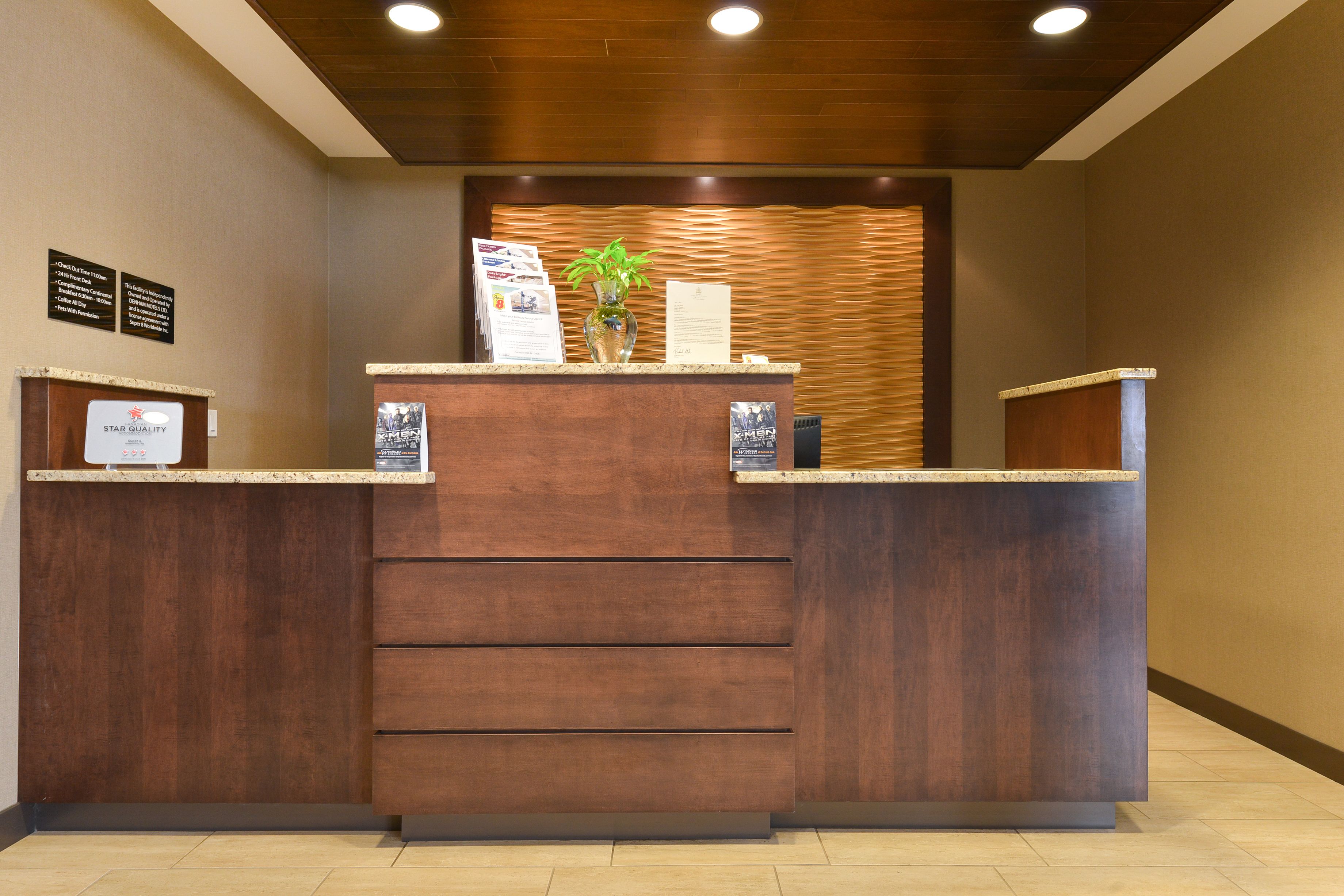 Un comptoir d’accueil avec un revêtement en bois, une plante et des brochures d’information.