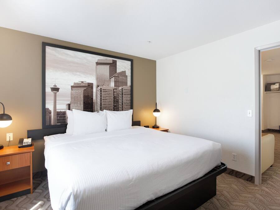 A hotel room with a large bed, two bedside lamps, a cityscape view, a small desk, and a closet.