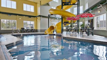 Indoor pool, open 9:00 AM to 9:00 PM, sun loungers