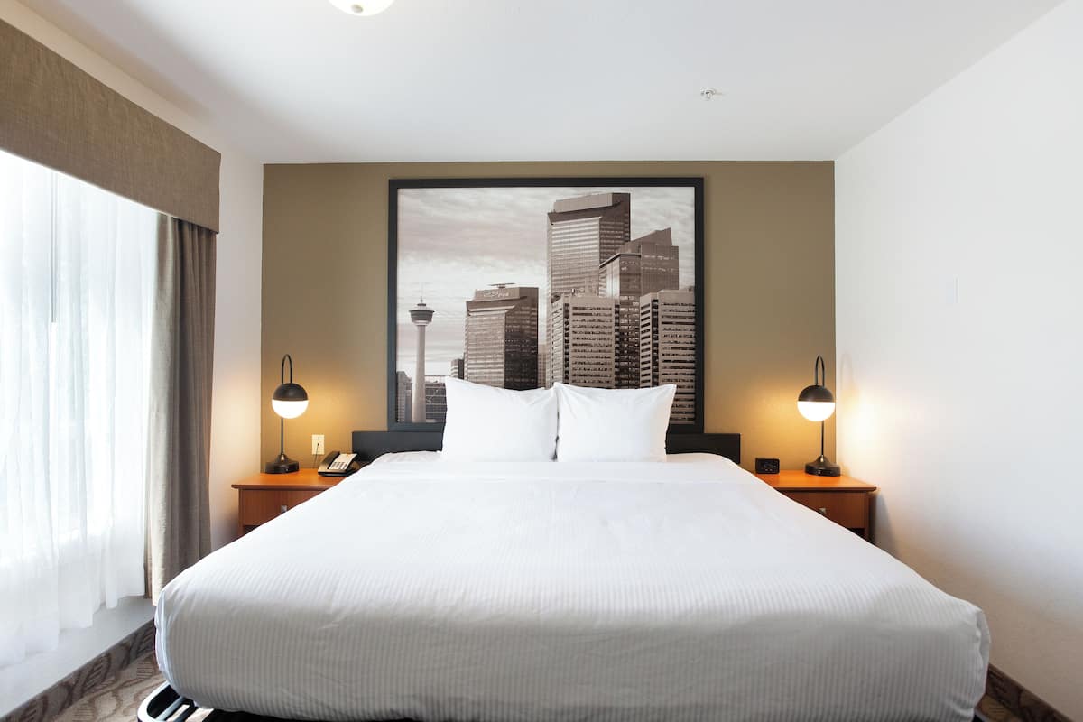 A hotel room with a large bed, two bedside tables with lamps, a cityscape view, and a window with curtains.