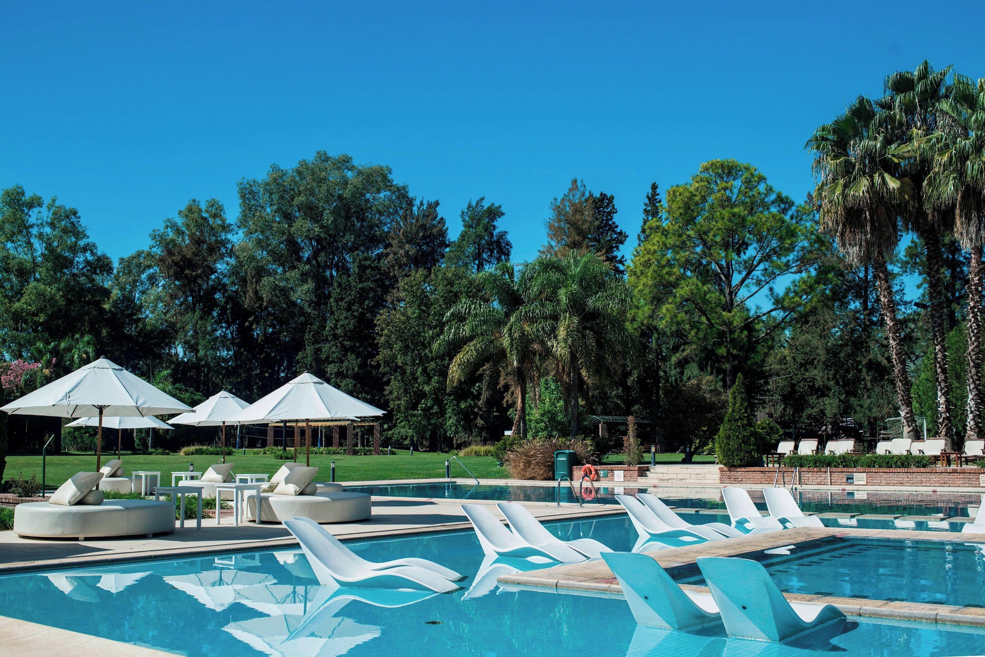 Un área de piscina con sillones de descanso y sombrillas, rodeada de árboles y un cielo despejado.