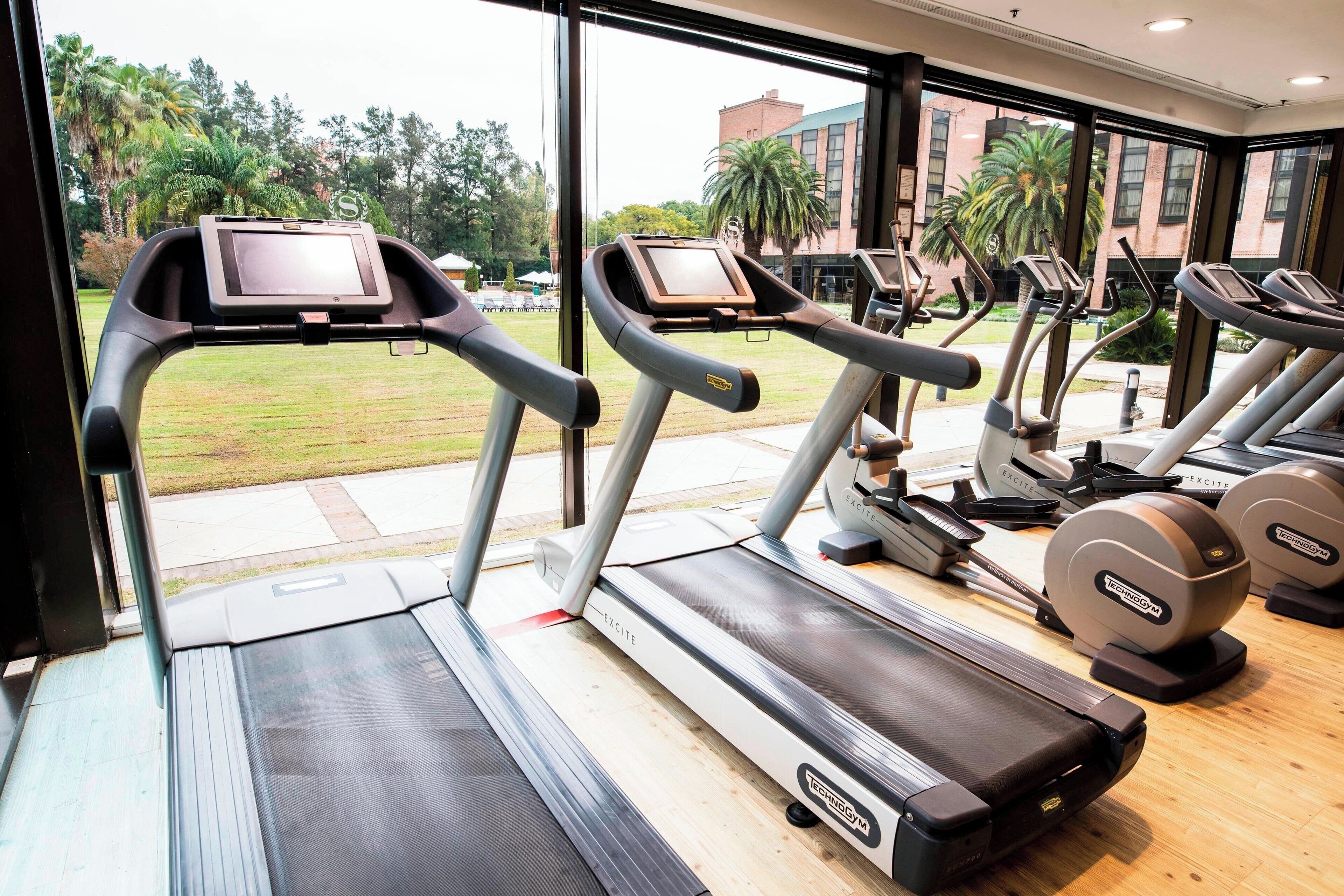 Ein Fitnessstudio mit Laufbändern, Crosstrainern und einem großen Fenster mit Blick ins Freie.