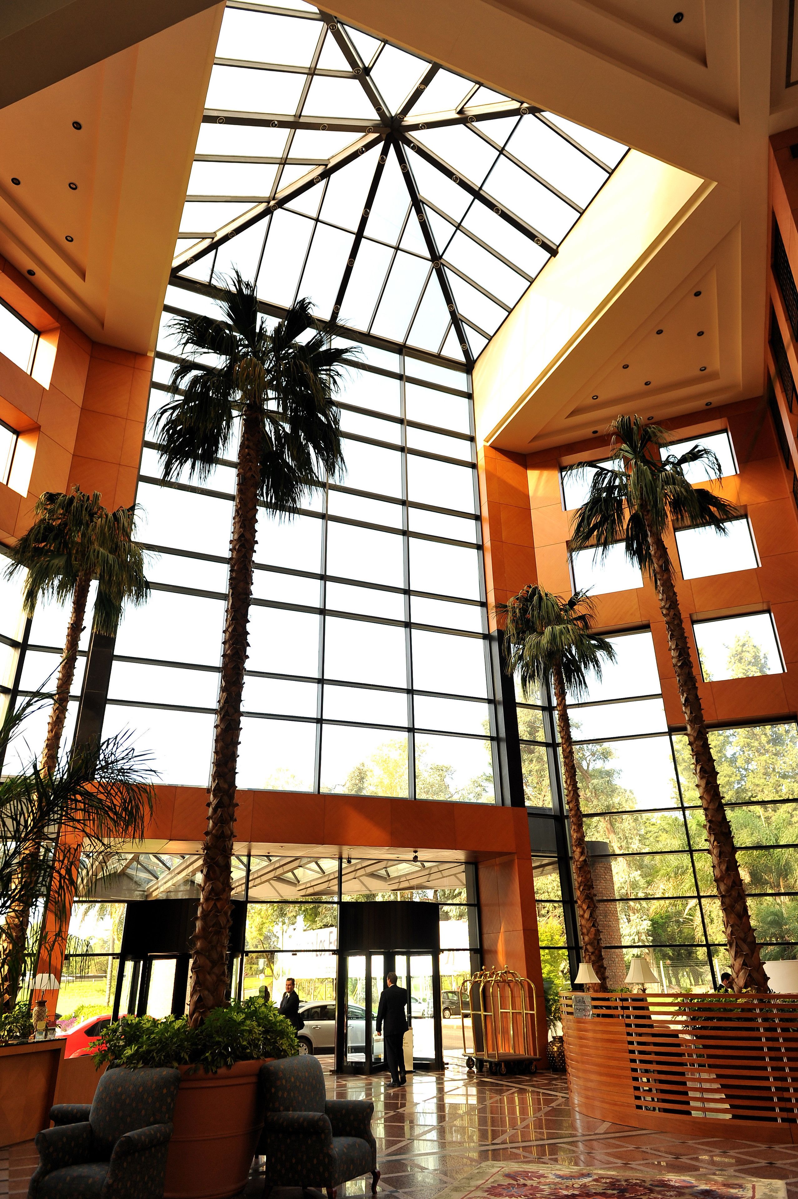 A spacious lobby with high ceilings, large windows, and palm trees.