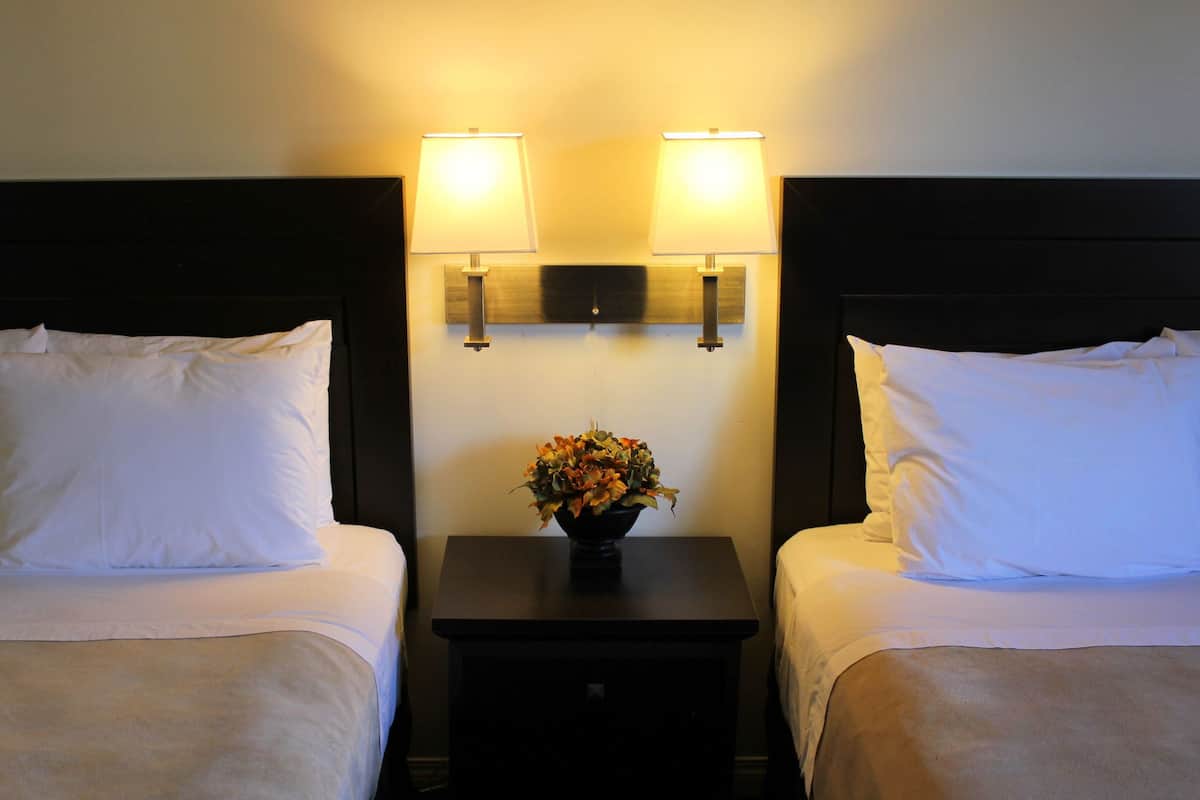 Quarto de hotel com duas camas, uma mesa de cabeceira com um vaso de flores e luminárias fixadas na parede.