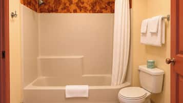 A bathroom with a bathtub, toilet, and a shower curtain.