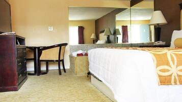 1 bedroom, desk, blackout drapes, iron/ironing board